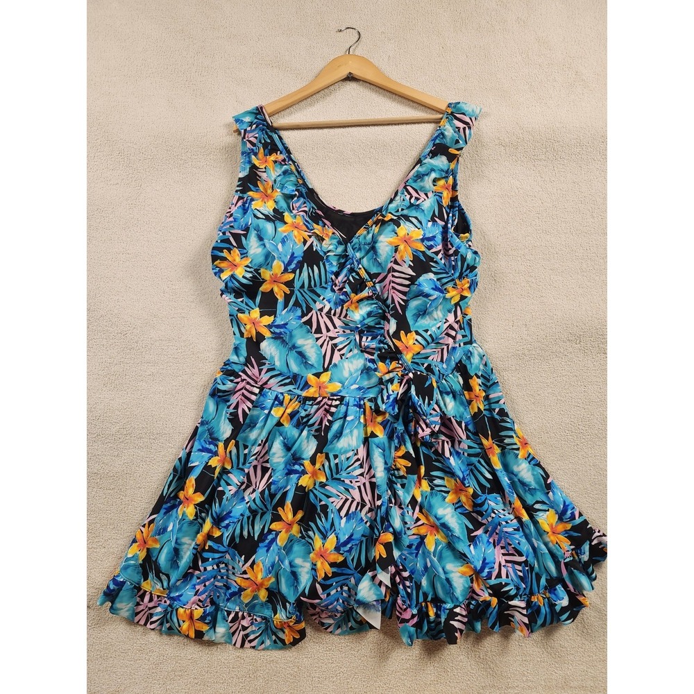 Swim 365 Women's Plus Size Faux-Wrap Swim Dress Floral Black Hula Palm Sz 26